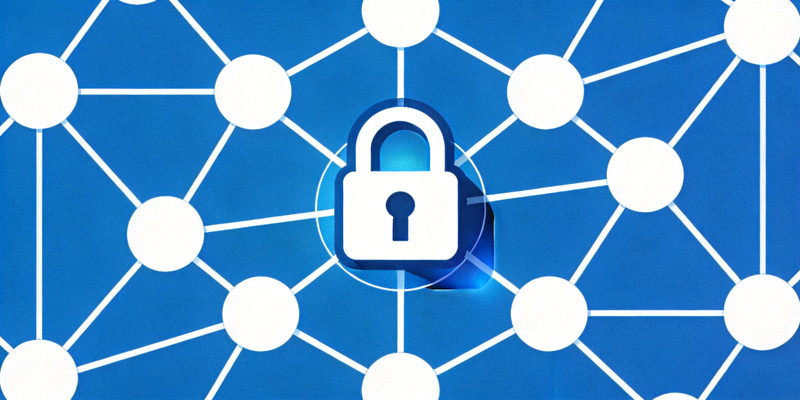 网络连接拓扑图与安全锁图标叠加，象征安全配置