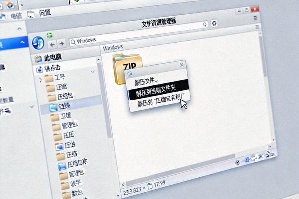 Windows文件资源管理器截图，显示右键点击ZIP压缩包并选择解压选项