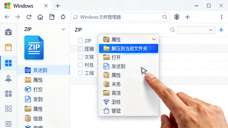 Windows文件资源管理器界面，鼠标右键点击一个ZIP压缩文件，菜单中高亮显示解压选项