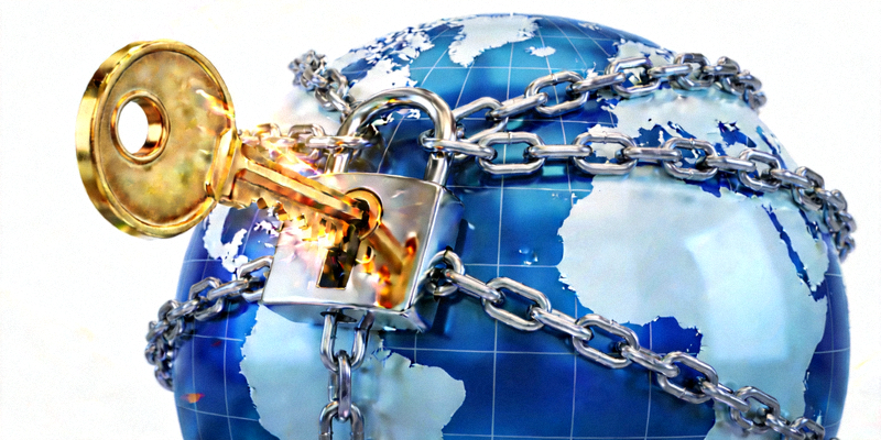 一把钥匙正在打开带有锁链的地球图标，象征解锁网络限制与访问自由